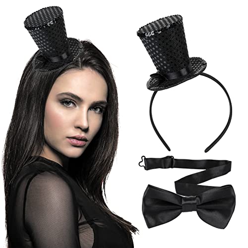 BEIMEIII 2 Stücke Mini Top Hut Haarreif Set Enthalten Schwarz Zylinder Hut Haarreif und Schwarz Fliege für Abschlussball,Party,Karneval,Hochzeit von BEIMEIII