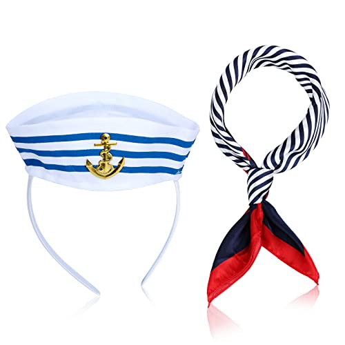 BEIMEIII 2 Stücke kapitänsmütze Matrosenhut Haarreif und Matrosen Schal Set Enthalten Matrosen Kappe Tiara Navy Sailor Marine Mütze und Matrosen Halstuch für Halloween-Kostümpartys, Matrosen-Cos von BEIMEIII