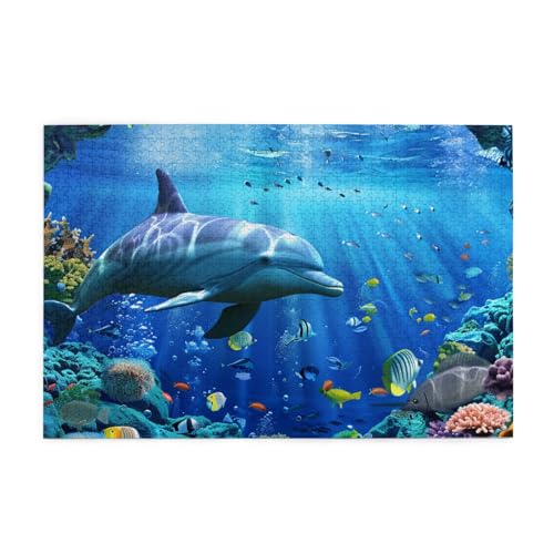 3D-Unterwasserwelt, Fisch-Delphi, gedrucktes Bild, personalisiertes Holzpuzzle, 1000 Teile, interessante Puzzles für Erwachsene und Familien, Kinder, Landschaftstierpuzzle von BEIVGOXL