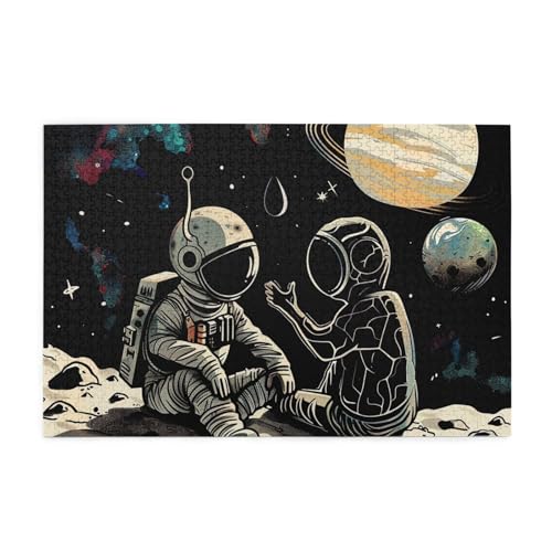 Astronaut und Alien gedrucktes Bild, personalisiertes Holzpuzzle, 1000 Teile, interessante Puzzles für Erwachsene und Familien, Kinder, Landschaftstierpuzzle von BEIVGOXL