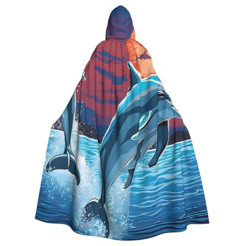 BEIVGOXL Dolphin Custom Printed Hooded Cloak, Halloween Cloak, Adult Cape With Hood - Oversized Cape With Bow Tie, Unisex Cosplay Costumes von BEIVGOXL