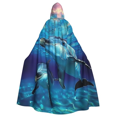 BEIVGOXL Dolphin Custom Printed Hooded Cloak, Halloween Cloak, Adult Cape With Hood - Oversized Cape With Bow Tie, Unisex Cosplay Costumes von BEIVGOXL