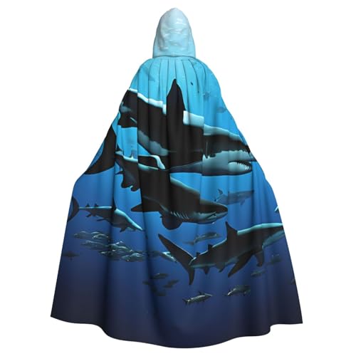 BEIVGOXL Hammerhead Sharks Custom Printed Hooded Cloak, Halloween Cloak, Adult Cape With Hood - Oversized Cape With Bow Tie, Unisex Cosplay Costumes von BEIVGOXL