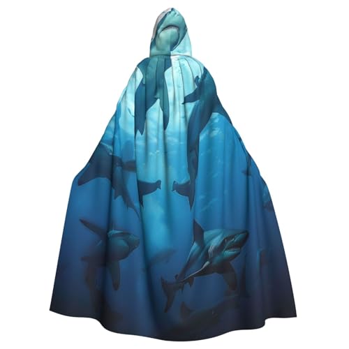 BEIVGOXL Hammerhead Sharks Custom Printed Hooded Cloak, Halloween Cloak, Adult Cape With Hood - Oversized Cape With Bow Tie, Unisex Cosplay Costumes von BEIVGOXL