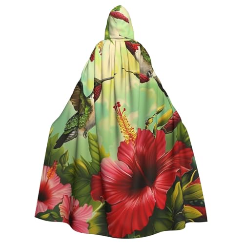 BEIVGOXL Kolibri-Umhang mit roter Blume, Hibiskus, individuell bedruckt, Halloween-Umhang, Erwachsenen-Umhang mit Kapuze, übergroßer Umhang mit Fliege, Unisex, Cosplay-Kostüme von BEIVGOXL