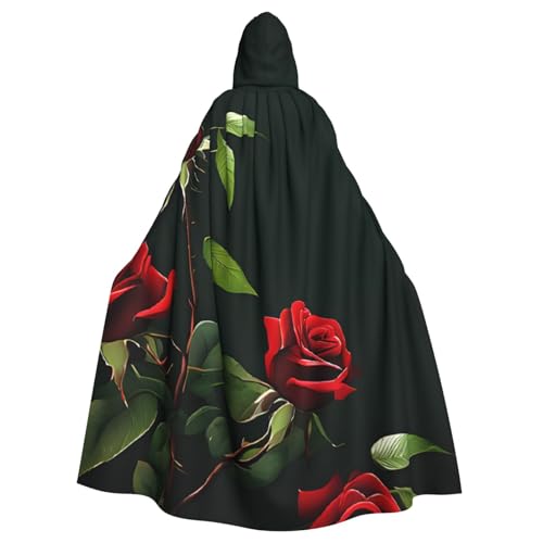 BEIVGOXL Rote Rosen, individuell bedruckter Kapuzenumhang, Halloween-Umhang, Erwachsenen-Umhang mit Kapuze, übergroßer Umhang mit Fliege, Unisex, Cosplay-Kostüme von BEIVGOXL