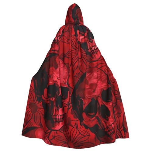 BEIVGOXL Roter Totenkopf-Umhang mit Kapuze, Halloween-Umhang, Erwachsenen-Umhang mit Kapuze, übergroßer Umhang mit Fliege, Unisex, Cosplay-Kostüme von BEIVGOXL