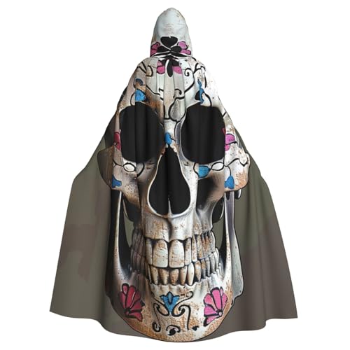 BEIVGOXL Totenkopf-Umhang mit Kapuze, bedruckt, Halloween-Umhang, Erwachsenen-Umhang mit Kapuze, übergroßer Umhang mit Fliege, Unisex, Cosplay-Kostüme von BEIVGOXL