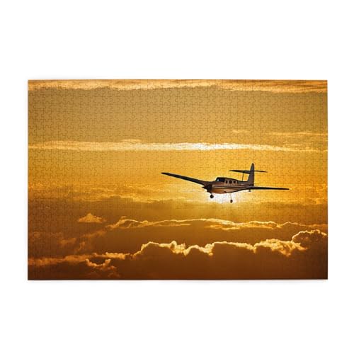 Bedrucktes Bild, Flugzeugflugzeug bei Sonnenuntergang, personalisiertes Holzpuzzle, 1000 Teile, interessante Puzzles für Erwachsene und Familien, Kinder, Landschaftstierpuzzle von BEIVGOXL