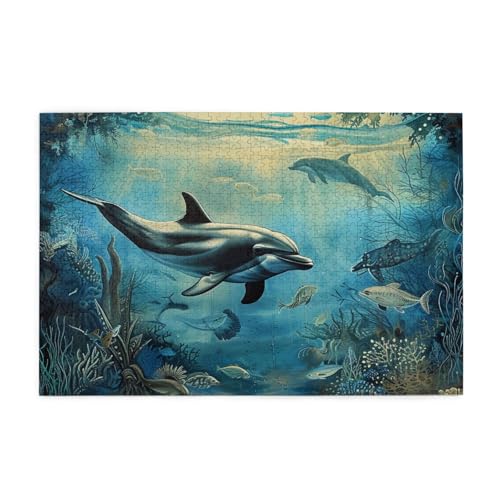 Bedrucktes Bild mit Meeresdelfin, Holzpuzzle, 1000 Teile, interessante Puzzles für Erwachsene und Familien, Kinder, Landschaftstierpuzzle von BEIVGOXL