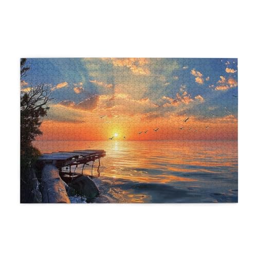 Bedrucktes Bild mit Sonnenuntergangslandschaft, personalisiertes Holzpuzzle, 1000 Teile, interessante Puzzles für Erwachsene und Familien, Kinder, Landschaftstierpuzzle von BEIVGOXL