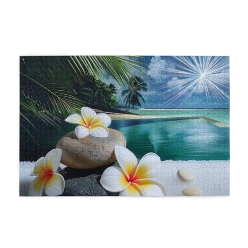 Bedrucktes Bild mit tropischen Blumen und Zen-Stein, personalisiertes Holzpuzzle, 1000 Teile, interessantes Puzzle für Erwachsene und Familien, Kinder, Landschaftstier-Puzzle von BEIVGOXL