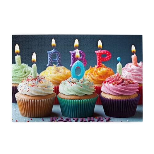 Buntes Happy Birthday Cupcakes gedrucktes Bild, personalisiertes Holzpuzzle, 1000 Teile, interessante Puzzles für Erwachsene und Familien, Kinder, Landschaftstierpuzzle von BEIVGOXL