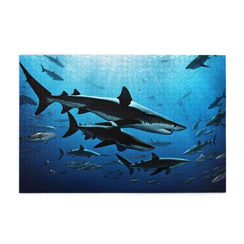 Hammerhead Sharks gedrucktes Bild, personalisiertes Holzpuzzle, 1000 Teile, interessante Puzzles für Erwachsene und Familien, Kinder, Landschaftstierpuzzle von BEIVGOXL