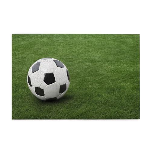 Holzpuzzle mit Fußball-Ball auf Gras, bedruckt, personalisierbar, 1000 Teile, interessantes Puzzle für Erwachsene und Familien, Kinder, Landschaftstierpuzzle von BEIVGOXL