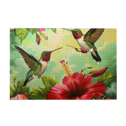 Holzpuzzle mit Kolibris und rotem Hibiskus, bedrucktes Bild, personalisierbar, 1000 Teile, interessantes Puzzle für Erwachsene und Familien, Kinder, Landschaftstierpuzzle von BEIVGOXL