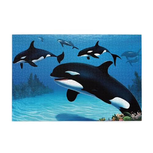 Killerwale schwimmen mit, bedrucktes Bild, personalisiertes Holzpuzzle, 1000 Teile, interessantes Puzzle für Erwachsene und Familien, Kinder, Landschaftstierpuzzle von BEIVGOXL