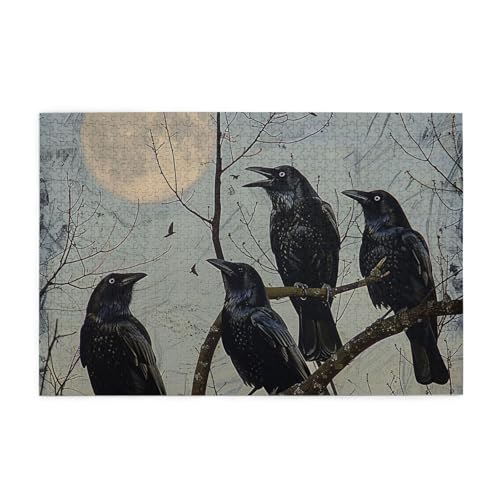 Schwarzes Krähenvögel gedrucktes Bild, personalisiertes Holzpuzzle, 1000 Teile, interessante Puzzles für Erwachsene und Familien, Kinder, Landschaftstierpuzzle von BEIVGOXL