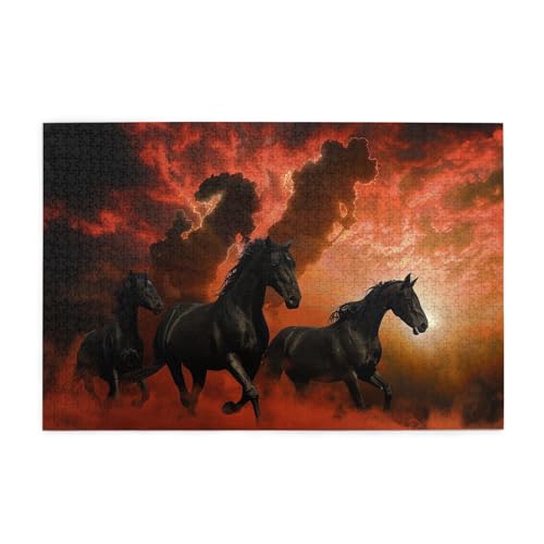 Schwarzes Pferd, rot leuchtende Wolken, gedrucktes Bild, personalisiertes Holzpuzzle, 1000 Teile, interessante Puzzles für Erwachsene und Familien, Kinder, Landschaftstierpuzzle von BEIVGOXL