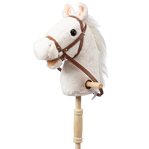 BEJOY Steckenpferd Kinder Spielzeug Pferd 91cm, Hobby Pferd Holzpferd Plüschpferd zum Reiten mit echten Pony Wiehern und Galoppgeräusch, Kuschelpferd Weiß (AA-Batterien erforderlich) von BEJOY