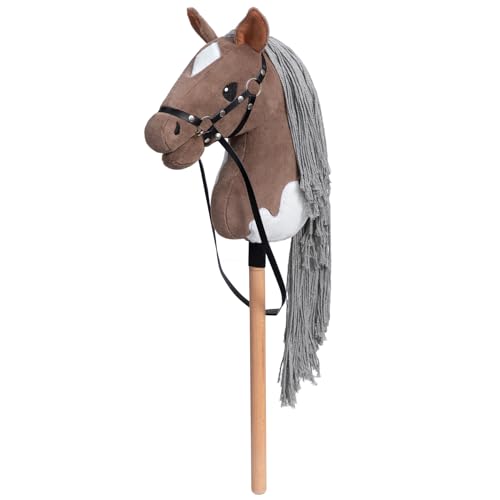 BEJOY Steckenpferd Spielzeug Pferd, Hobby Horse Holzpferd Plüschpferd zum Reiten für Kinder mit Halfter und Trense, Braun-Weiß von BEJOY