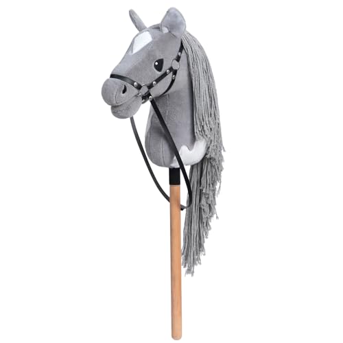 BEJOY Steckenpferd Spielzeug Pferd, Hobby Horse Holzpferd Plüschpferd zum Reiten für Kinder mit Halfter und Trense, Grau-Weiß von BEJOY