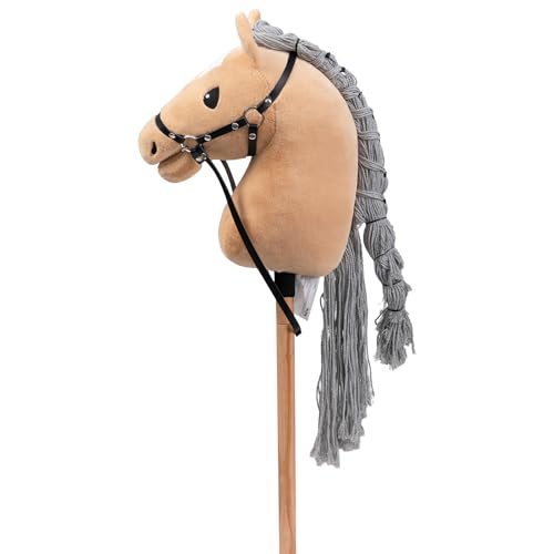 BEJOY Steckenpferd Spielzeug Pferd, Hobby Horse Holzpferd Plüschpferd zum Reiten für Kinder mit Halfter und Trense, Khaki von BEJOY