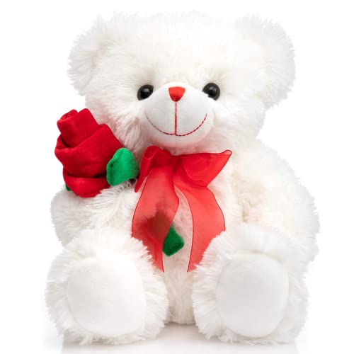 BEJOY Teddy Bear Stuffed Animal Rose Bear with Red Bow Soft Plush Teddybär Plüschtier Rose Bär mit roter Schleife weiches Stofftiere Spielzeug, Geschenk für Valentinstag, 30cm Weiß von BEJOY