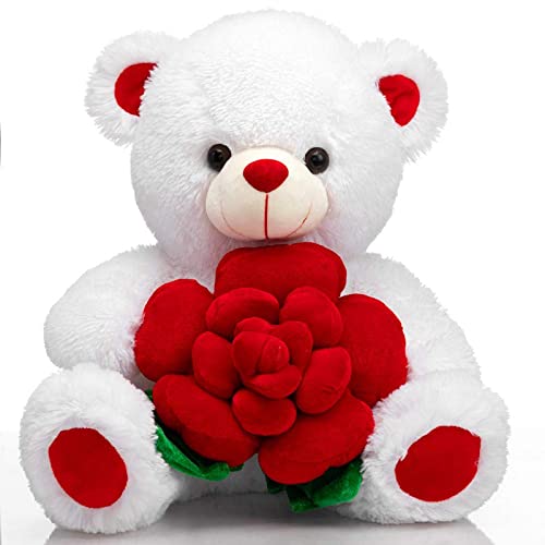 BEJOY Teddybär Plüschtiere, Bär hält Rose weiches Stofftier Geschenk für Valentinstag, 41cm Weiß von BEJOY