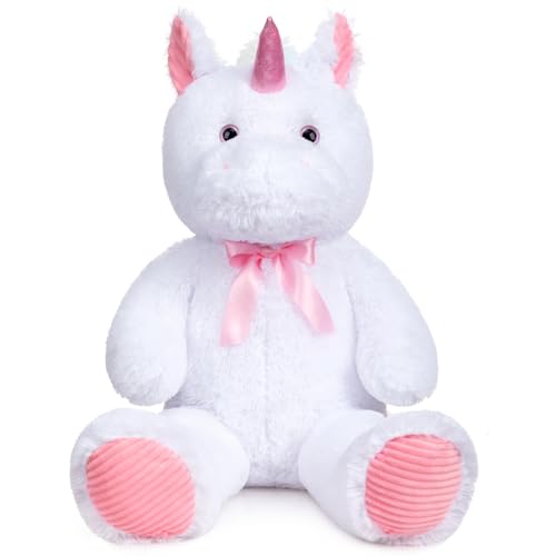 BEJOY XXL Riesen Plüsch-Einhorn, Kuscheltiere mit 3D Rosa Augen, Horn und Satin Schleife, Teddybär Spielzeug Realistisch Stofftier Geschenk für Kinder Freundin,100cm von BEJOY