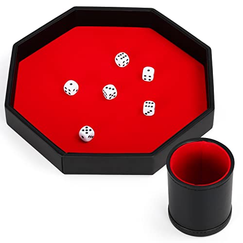 Belle Vous Schwarzes PU-Leder Würfelbrett Groß mit Rotem Samt Achteck mit Becher und Würfeln - Dice Set für Tischspiele wie RPG und DND/D&D mit Passendem Becher - Catchall Tray für Schmuck von BELLE VOUS