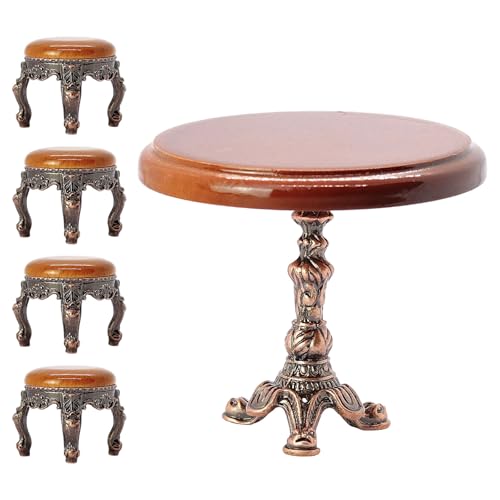 BELOWSYALER Runde Vintage-Couchtisch-Set mit 4 Stühlen im Maßstab 1:12, für Miniatur-Puppenhäuser, Esszimmer-Set, Sammlerstück, Display BELOWSYALER Runde Vintage-Couchtisch-Set mit 4 Stühlen im Maßstab 1:12, für Miniatur-Puppenhäuser, Esszimmer-Set, Sammlerstück, Display von BELOWSYALER