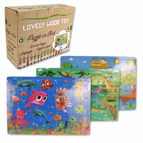 3 Stück Puzzle aus Holz – 60 Teile, 3 Puzzle im Set, für Kinder ab 3 Jahren, Verschiedene Motive, FSC-Zertifiziert von BEMIRO