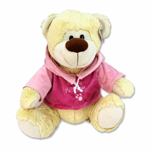 BEMIRO Dikke Knuffel Plüschteddy – 34 cm, kuschelig weich, mit Hoodie und Kapuze, Schwarze Kunststoffaugen (Rosa) von BEMIRO