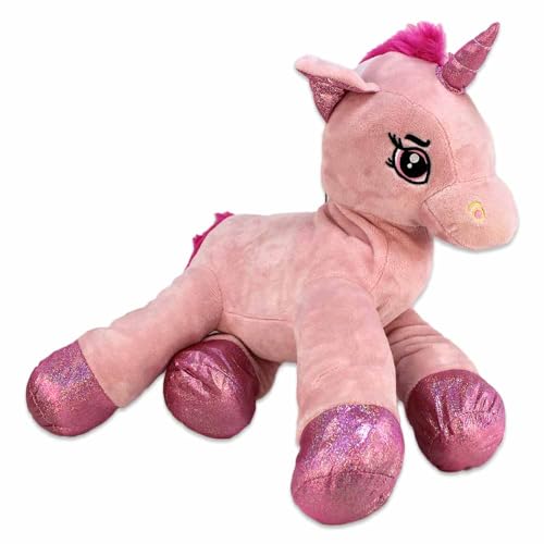 BEMIRO Einhorn Kuscheltier liegend – 58 cm, 100% Polyester, glitzernde Pfoten, gestickte Augen von BEMIRO