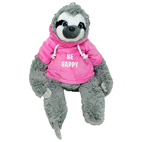 BEMIRO Faultier Kuscheltier mit Pullover - rosa Be Happy- ca. 40 cm, Faultier Kuscheltier mit Pulli, Kletthände zum anhängen, Plüschtier Faultier mit Hoodie von BEMIRO