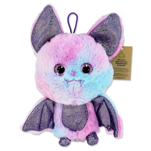 BEMIRO Fledermaus Kuscheltier klein 18 cm – Füllung aus recycelten Plastikflaschen, Glitzeraugen, glitzernde Flügel und Ohren, flauschig weich, mit Schlaufe (Lila) von BEMIRO