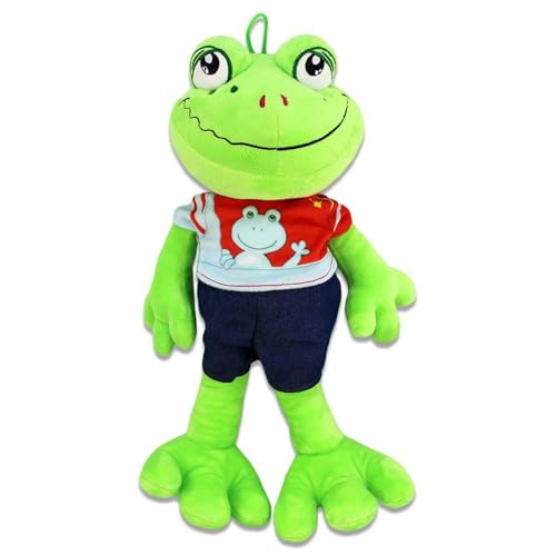 BEMIRO Grüner Frosch Kuscheltier - 36 cm groß, Gestickte Augen, Mit Schlaufe, Zwei Varianten: Kleid oder Shirt (Shirt) von BEMIRO