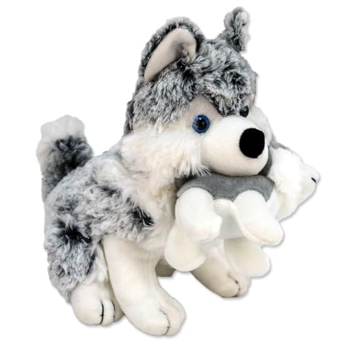 BEMIRO Husky Kuscheltier 25 cm – flauschig weich, mit Baby Husky im Mund, Blaue Kunststoffaugen von BEMIRO