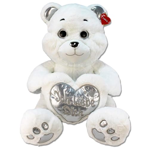 BEMIRO Ich Liebe Dich Teddy 60 cm – Kuscheltier mit Herz, Füllmaterial aus recycelten Plastikflaschen, Glitzeraugen, verchromte Nase, flauschig weich, mit Schlaufe (Silber) von BEMIRO