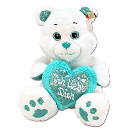 BEMIRO Ich Liebe Dich Teddy 60 cm – Kuscheltier mit Herz, Füllmaterial aus recycelten Plastikflaschen, Glitzeraugen, verchromte Nase, flauschig weich, mit Schlaufe (Türkis) von BEMIRO