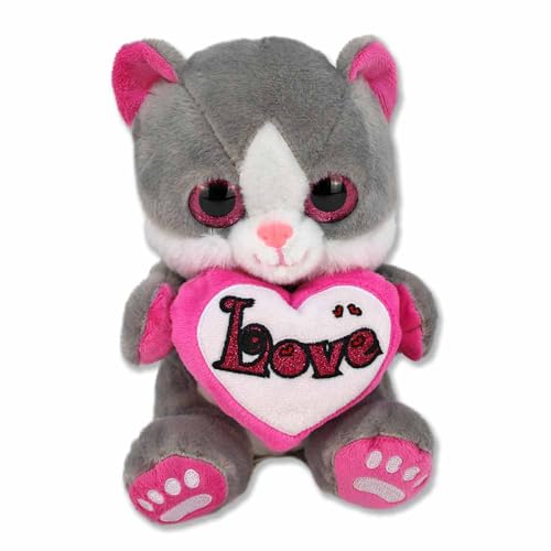 BEMIRO Katze Kuscheltier mit Herz – 20 cm, mit Plüschherz und gesticktem Love, glitzernde Augen und Ohren, Pinke Pfötchen (Grau) von BEMIRO