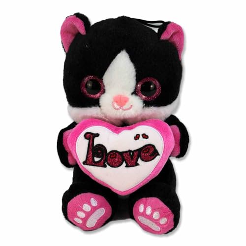 BEMIRO Katze Kuscheltier mit Herz – 20 cm, mit Plüschherz und gesticktem Love, glitzernde Augen und Ohren, Pinke Pfötchen (Schwarz) von BEMIRO