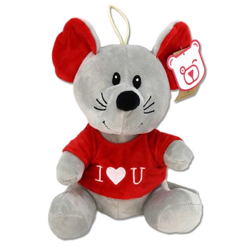 BEMIRO Kuscheltier Maus klein – 19 cm, mit Shirt und Spruch I Love You, gesticktes Herz, gestickte Augen, mit Schlaufe zum Anhängen (Grau) von BEMIRO