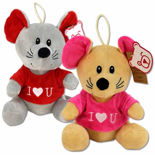 BEMIRO Kuscheltier Maus klein – 19 cm, mit Shirt und Spruch I Love You, gesticktes Herz, gestickte Augen, mit Schlaufe zum Anhängen (Set) von BEMIRO