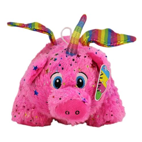 BEMIRO Kuscheltier Schwein mit Flügeln – 27 cm Plüschtier mit Regenbogen-Flügel & Horn – Weiches Stofftier mit gestickten Augen & glitzernden Sternen (Pink) von BEMIRO