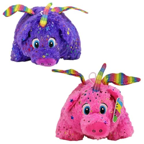 BEMIRO Kuscheltier Schwein mit Flügeln – 27 cm Plüschtier mit Regenbogen-Flügel & Horn – Weiches Stofftier mit gestickten Augen & glitzernden Sternen (Set) von BEMIRO