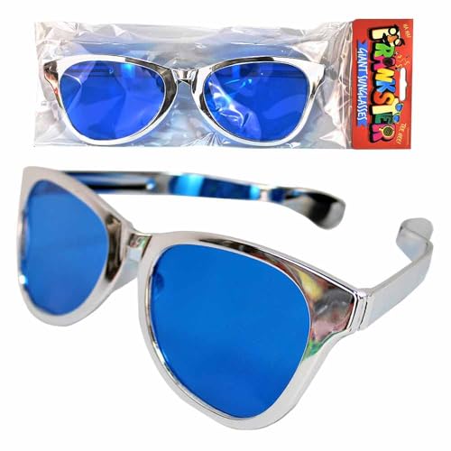 BEMIRO Partybrille groß – 28 cm – Witzige Spaßbrille mit blauen Kunststoff-Gläsern – Perfekt für Fasching & Karneval (Silber) von BEMIRO