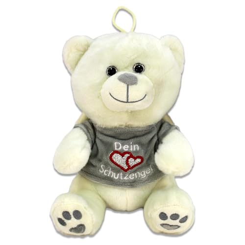 BEMIRO Schutzengel Plüschtier Teddy – 20 cm, mit Kunststoffaugen, Shirt mit Dein Schutzengel-Schriftzug, glitzerndes Herz, mit Schlaufe (Grau) von BEMIRO