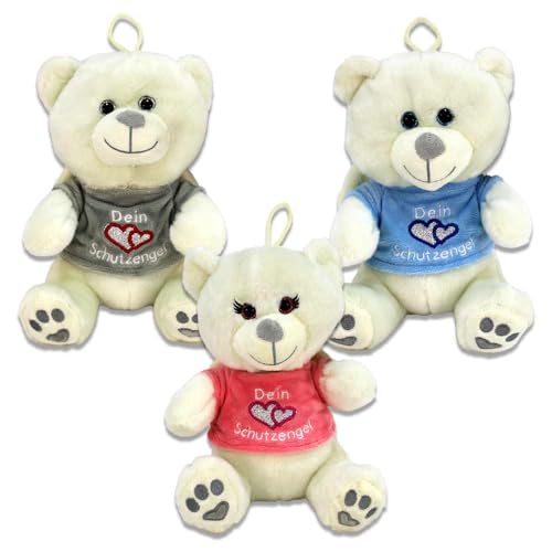 BEMIRO Schutzengel Plüschtier Teddy – 20 cm, mit Kunststoffaugen, Shirt mit Dein Schutzengel-Schriftzug, glitzerndes Herz, mit Schlaufe (Set) von BEMIRO